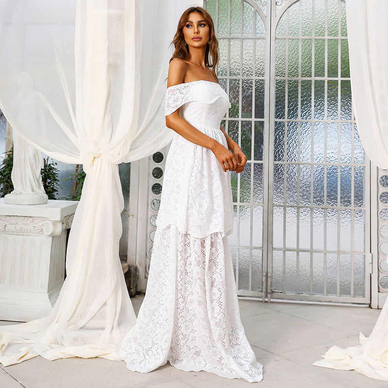 Cocktail Toast Dress Lace Stitching White off Shoulder Chinese Wedding Dress Bridesmaid Dress Evening Dress Women himalipasal