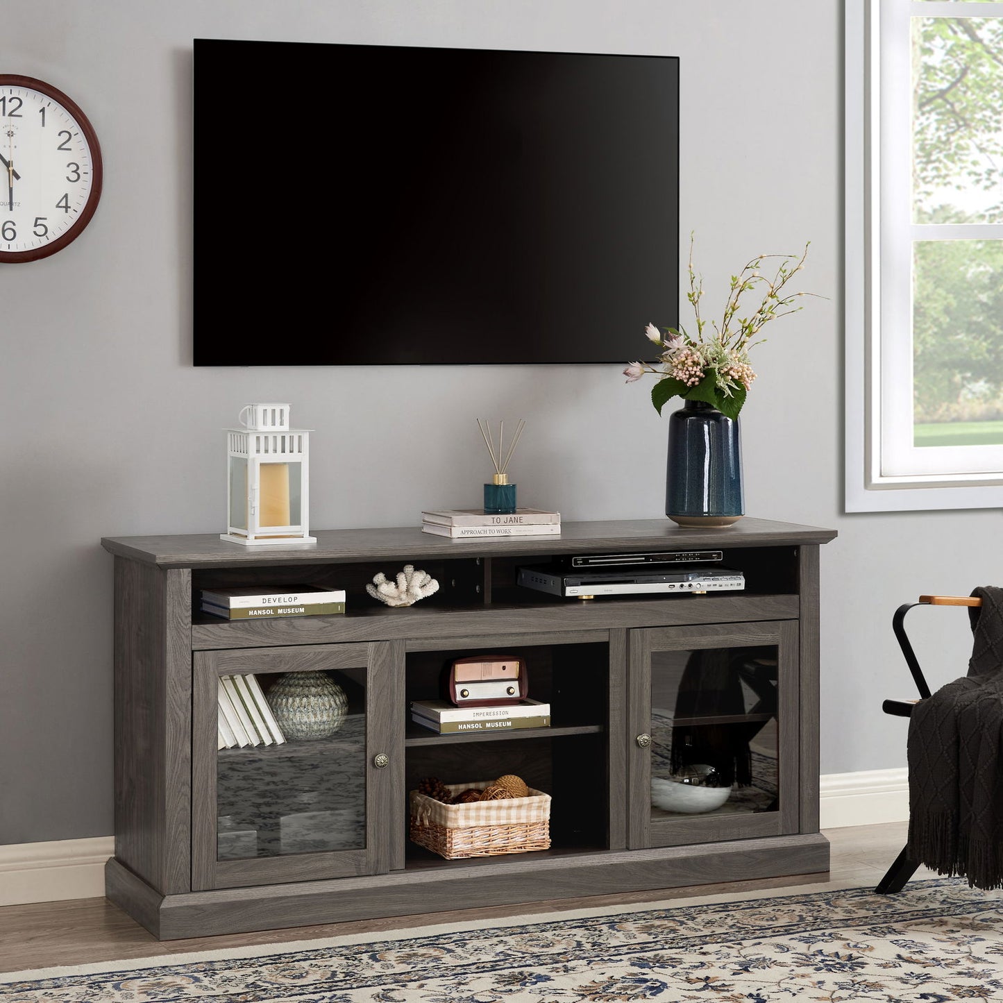 Contemporary TV Media Stand Modern Entertainment Console for TV Up to 65" with Open and Closed Storage Space, Dark Walnut/Black, 60"W*15.75"D*29"H himalipasal