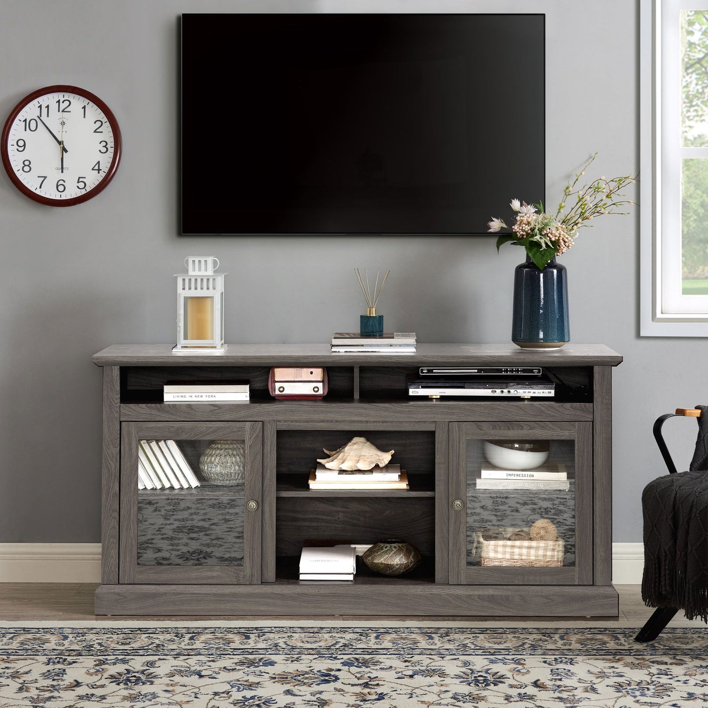 Contemporary TV Media Stand Modern Entertainment Console for TV Up to 65" with Open and Closed Storage Space, Dark Walnut/Black, 60"W*15.75"D*29"H himalipasal