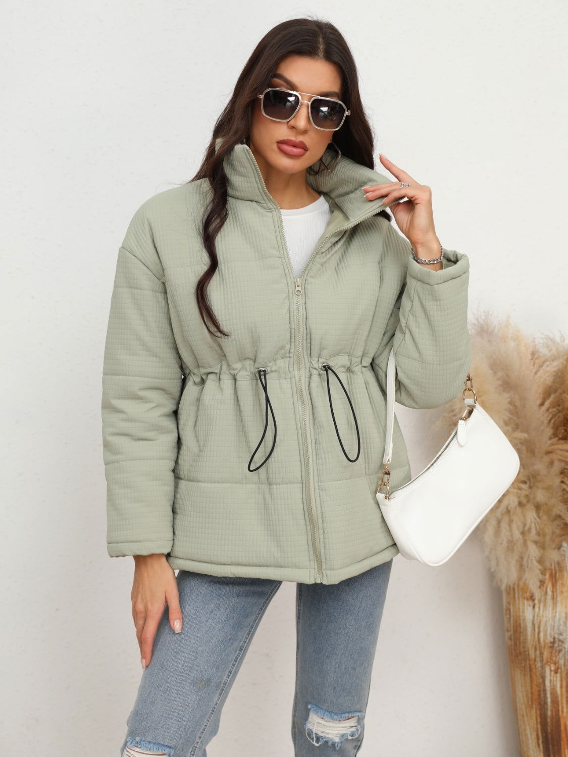 Drawstring Waist Zip-Up Puffer Jacket himalipasal