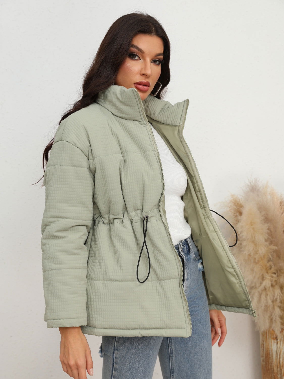 Drawstring Waist Zip-Up Puffer Jacket himalipasal