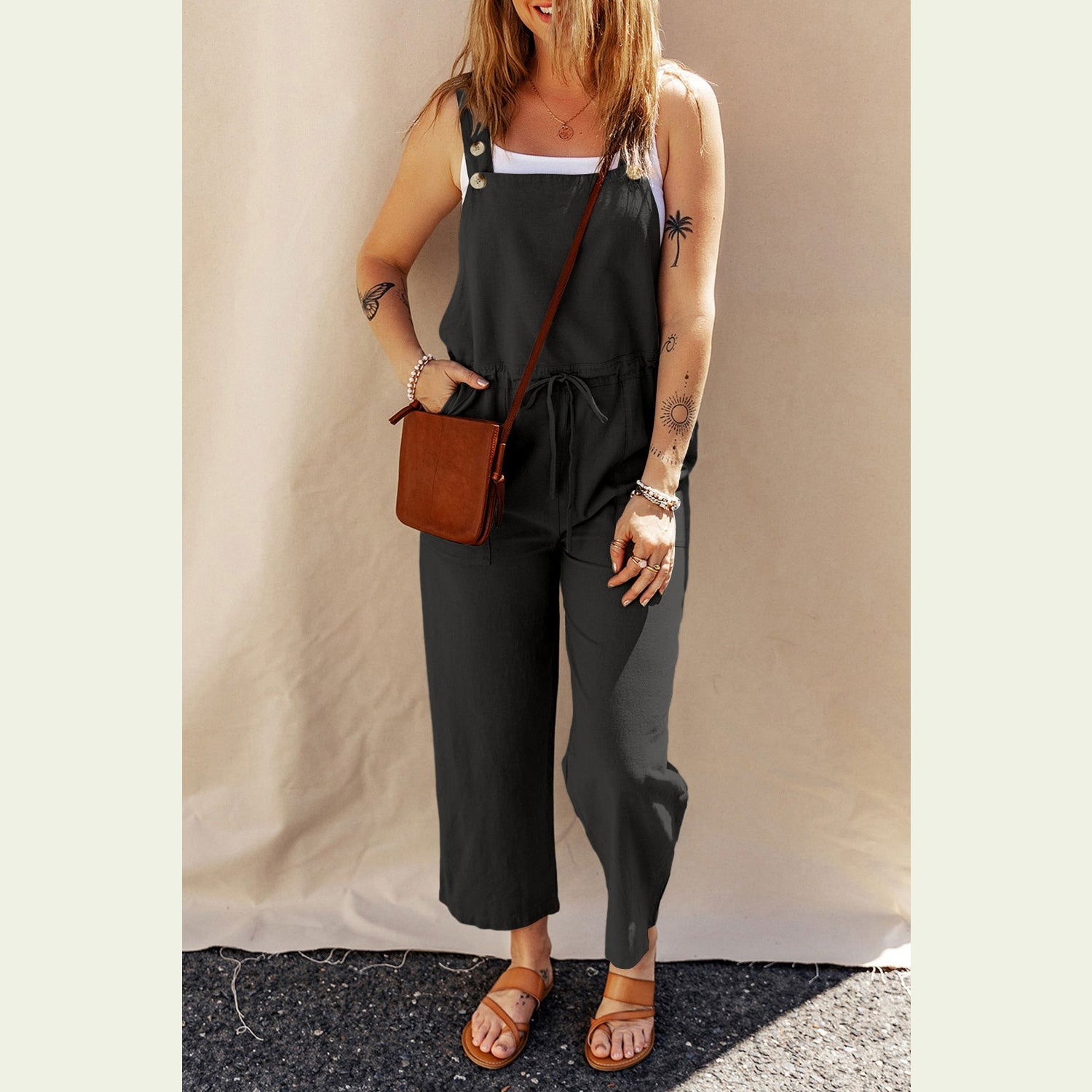 Drawstring Wide Strap Overalls with Pockets himalipasal