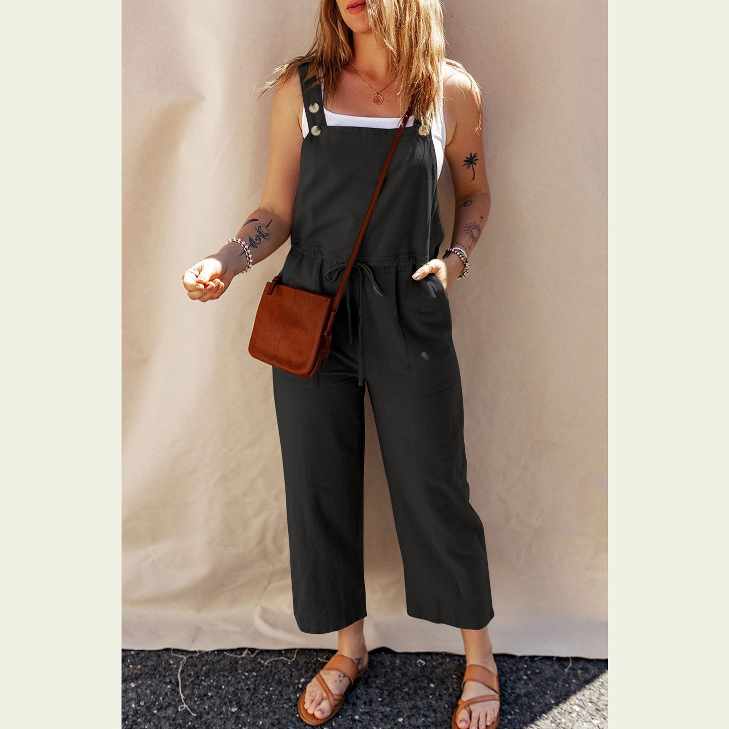 Drawstring Wide Strap Overalls with Pockets himalipasal