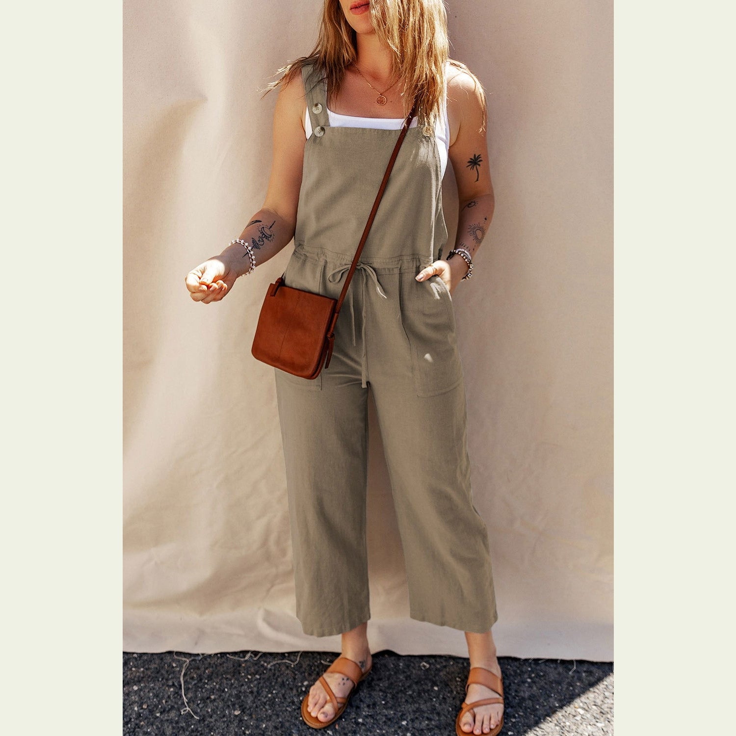 Drawstring Wide Strap Overalls with Pockets himalipasal