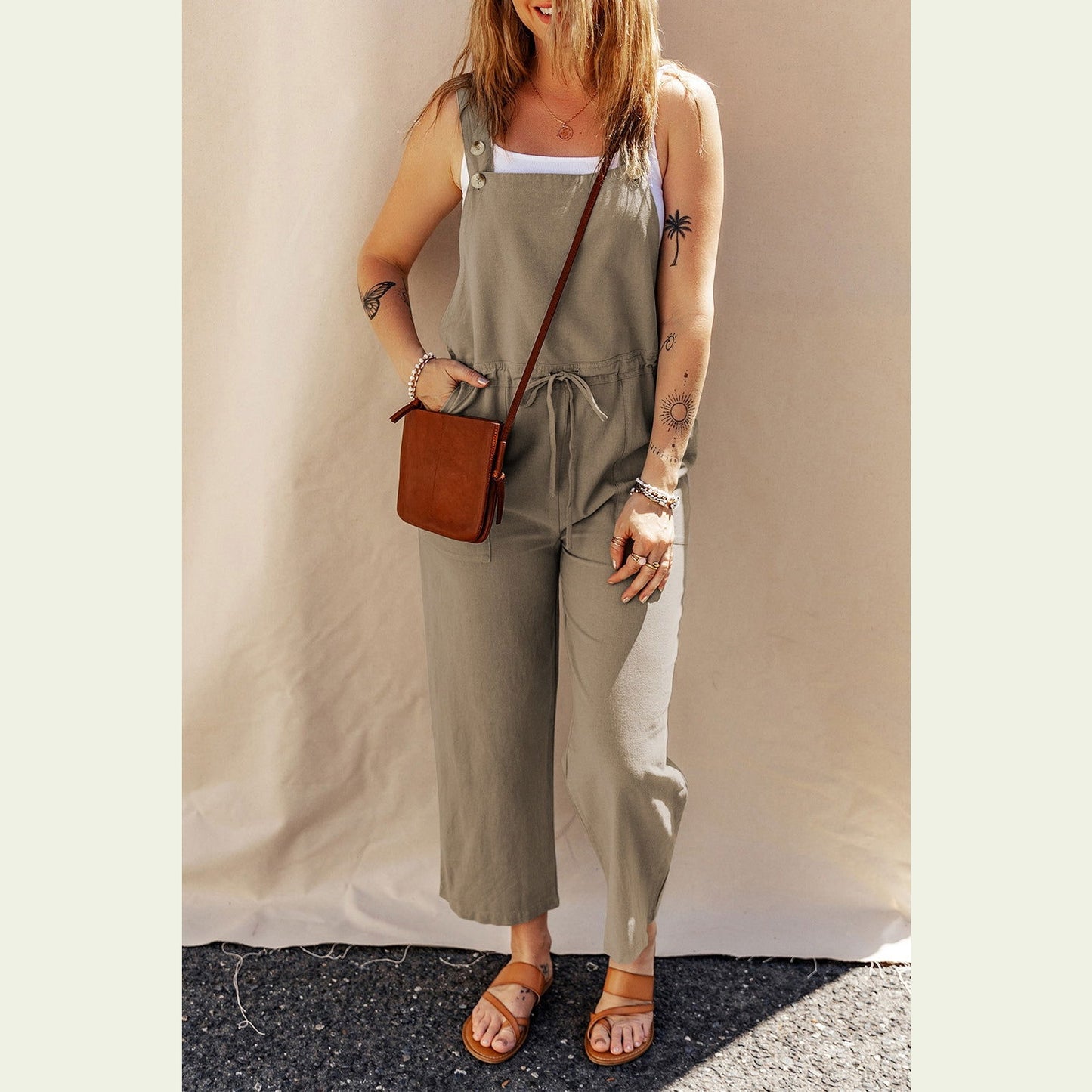 Drawstring Wide Strap Overalls with Pockets himalipasal