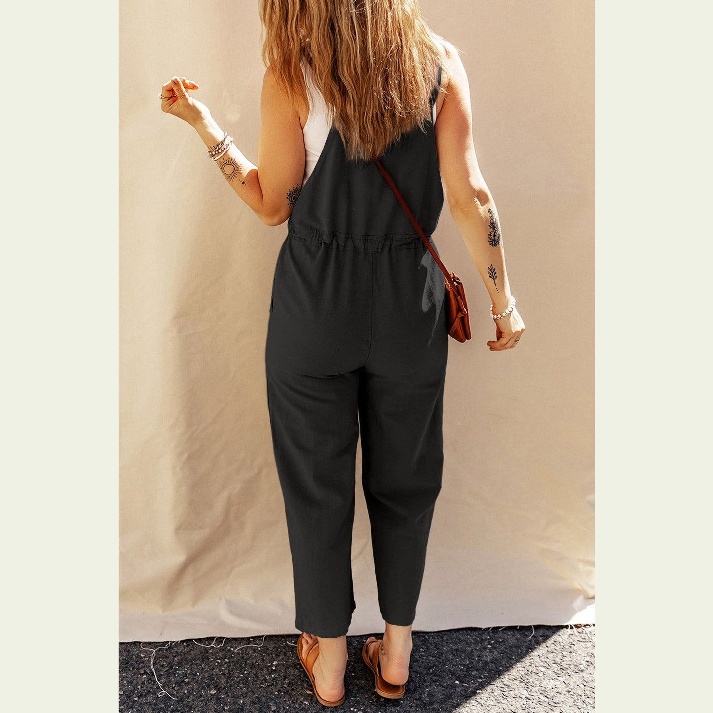 Drawstring Wide Strap Overalls with Pockets himalipasal