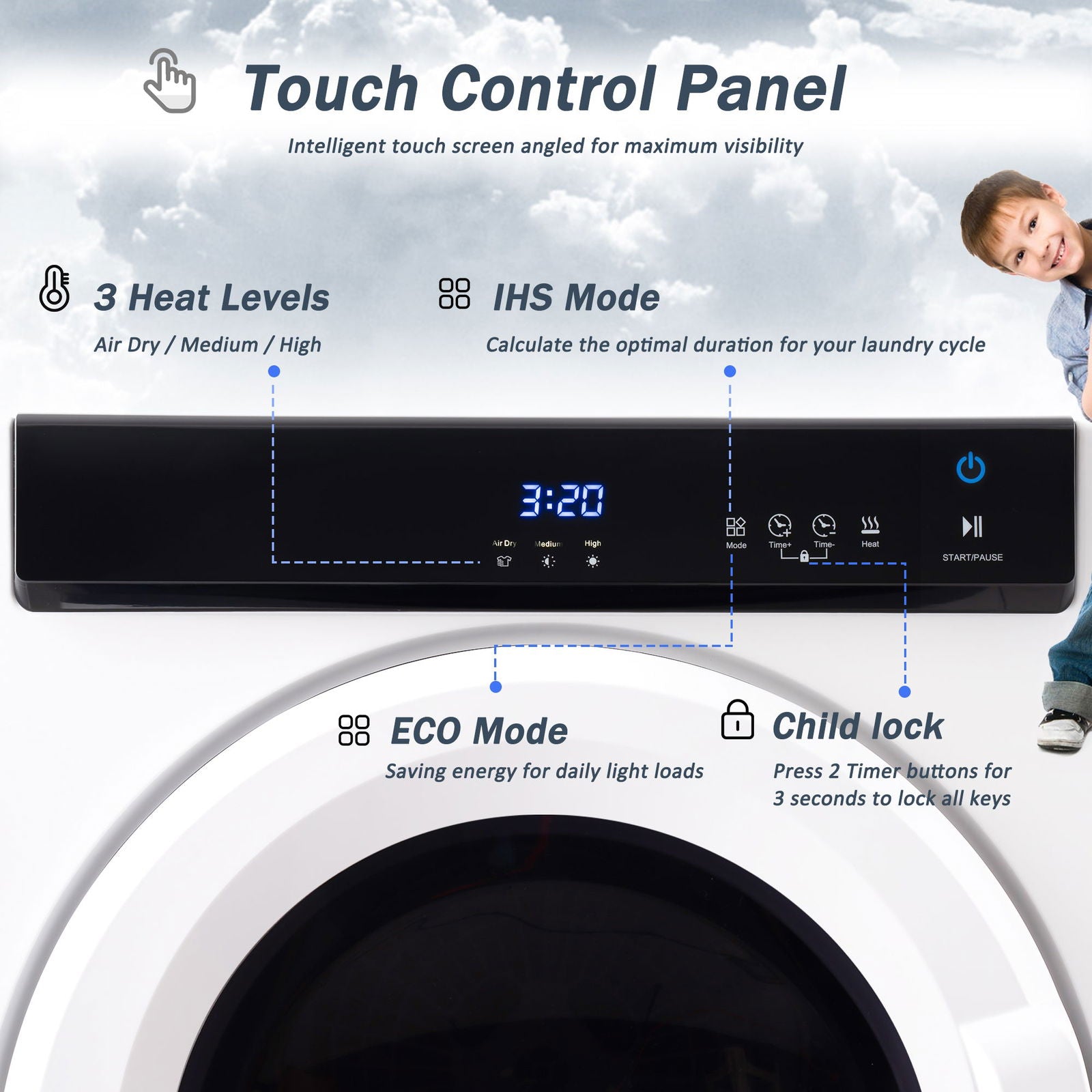 Electric Portable Clothes Dryer, Front Load Laundry Dryer with Touch Screen Panel and Stainless Steel Tub for Apartments, Dormitory, and RVs himalipasal