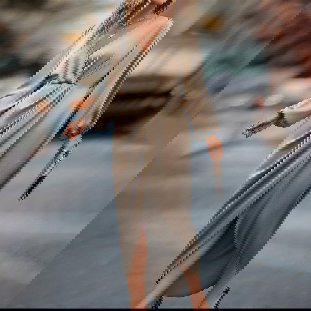 Elegant Cross Collar Pleated Split Puff Sleeve Irregular Asymmetric Long Sleeve Women Dress himalipasal