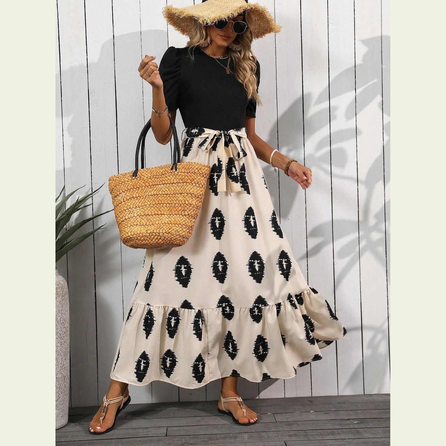 Elegant Women Geometric Abstract Printed round Neck Puff Sleeve Hem Ruffles Dress himalipasal