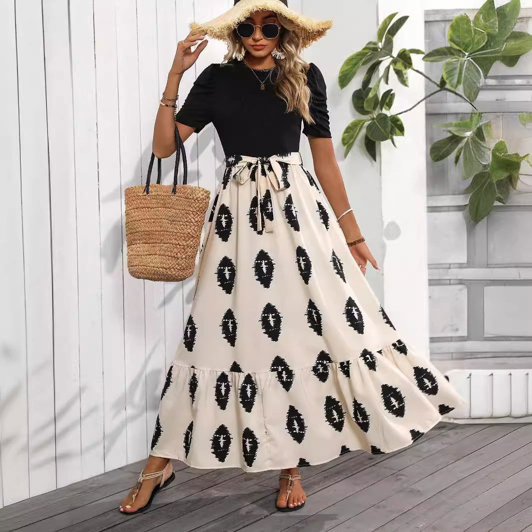 Elegant Women Geometric Abstract Printed round Neck Puff Sleeve Hem Ruffles Dress