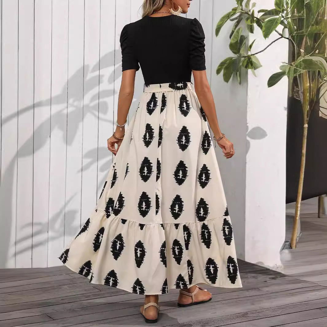 Elegant Women Geometric Abstract Printed round Neck Puff Sleeve Hem Ruffles Dress himalipasal