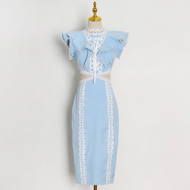 Elegant Women Hip Sexy Solid Color Ruffles Stitching Scheming Hollow Out  Cutout out Maxi Dress