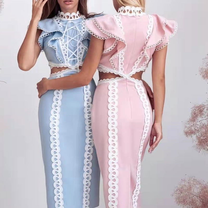 Elegant Women Hip Sexy Solid Color Ruffles Stitching Scheming Hollow Out Cutout out Maxi Dress himalipasal