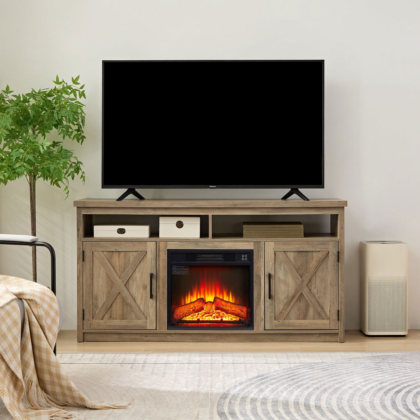 Farmhouse TV Media Stand, Large Barn Inspired Home Entertainment Console, with 18" Fireplace Insert, for TV Up to 65'', with Open Shelves and Closed Cabinets, Gray Wash 57.87*15.75*30.31 himalipasal