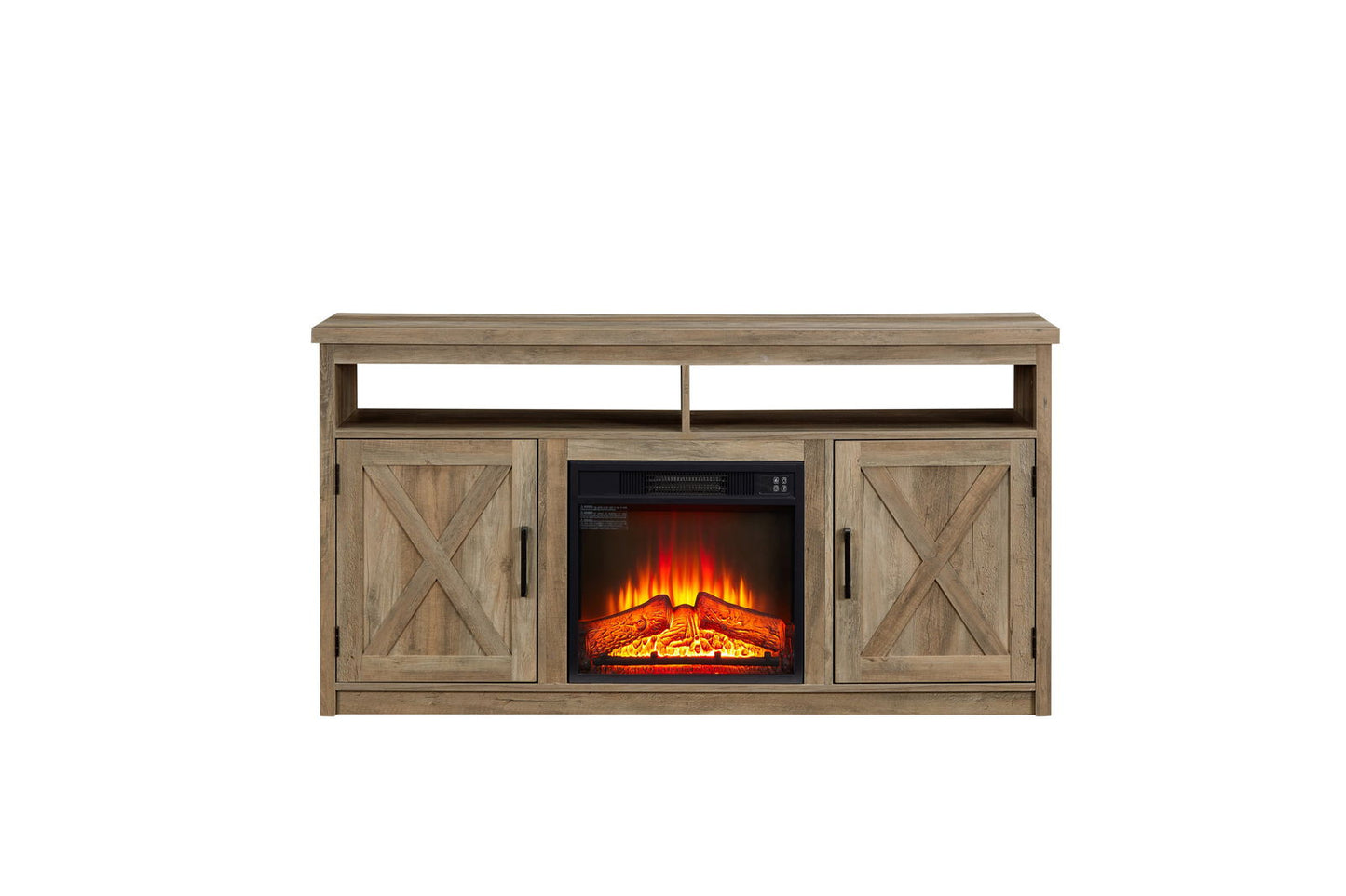 Farmhouse TV Media Stand, Large Barn Inspired Home Entertainment Console, with 18" Fireplace Insert, for TV Up to 65'', with Open Shelves and Closed Cabinets, Gray Wash 57.87*15.75*30.31 himalipasal