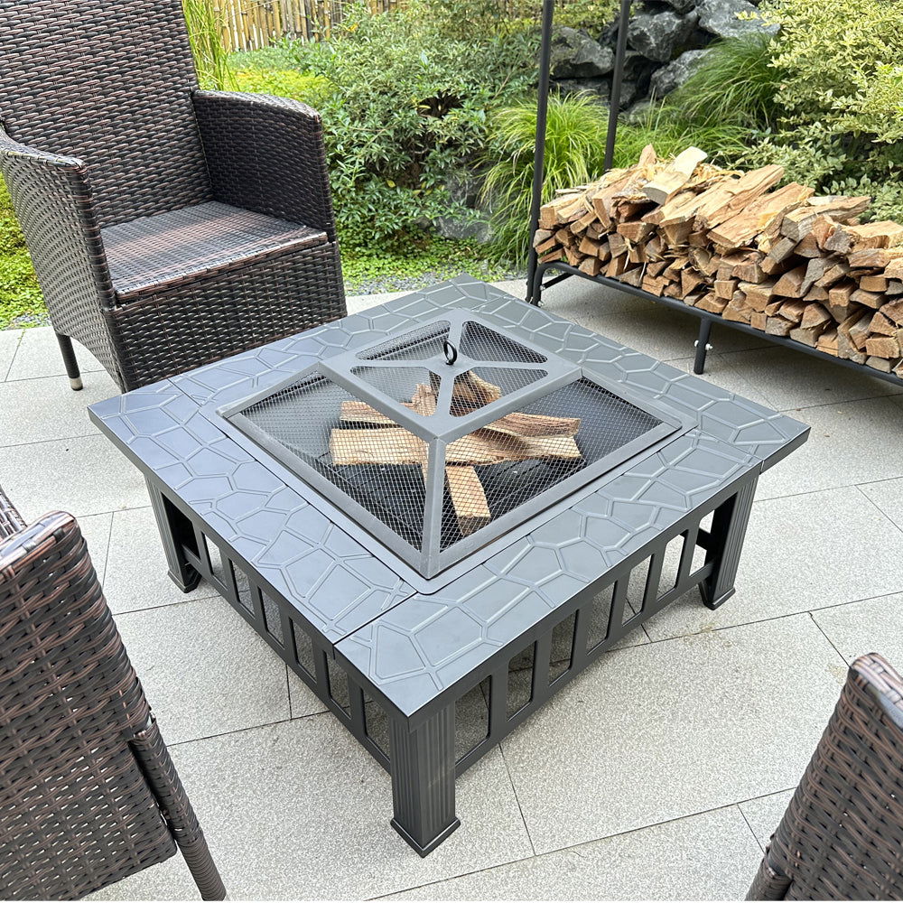 Fire Pit Table 32in Square Metal Firepit Stove Backyard Patio Garden Fireplace for Camping, Outdoor Heating, Bonfire and Picnic himalipasal