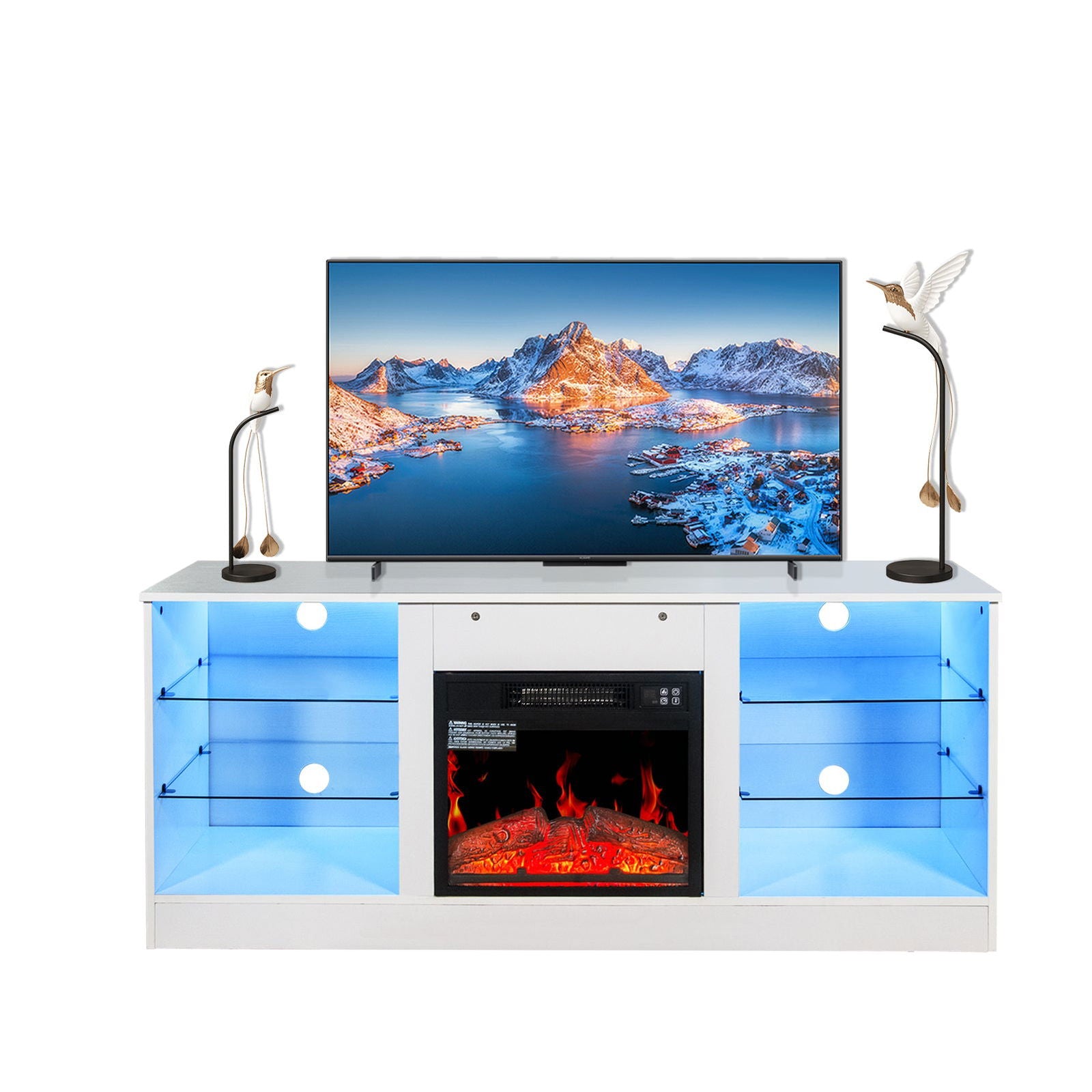 Fireplace TV Stand With 18 Inch Electric Fireplace Heater,Modern Entertainment Center for TVs up to 62 Inch With Adjustable Glass Shelves and Storage Cabinets ( White ) himalipasal