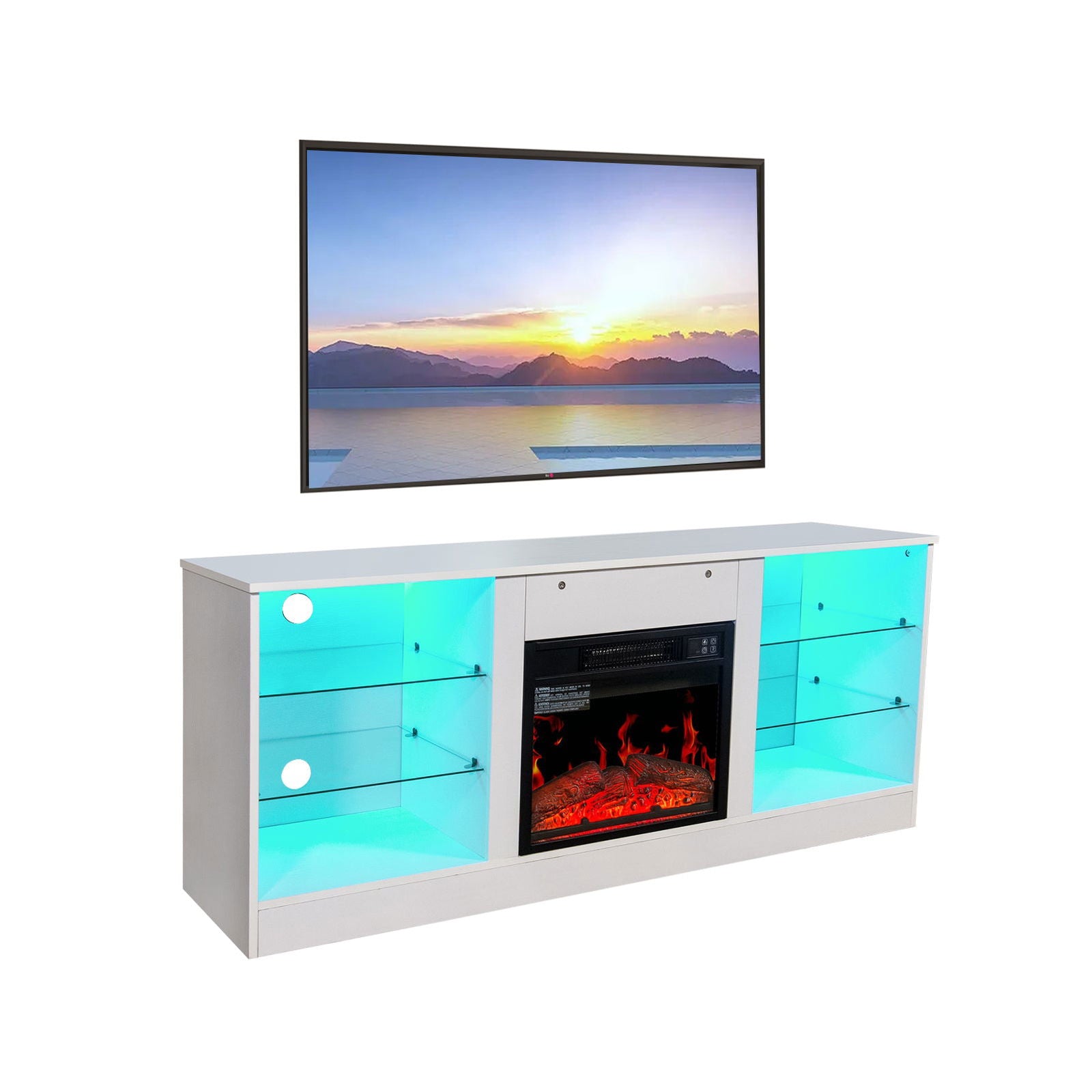 Fireplace TV Stand With 18 Inch Electric Fireplace Heater,Modern Entertainment Center for TVs up to 62 Inch With Adjustable Glass Shelves and Storage Cabinets ( White ) himalipasal