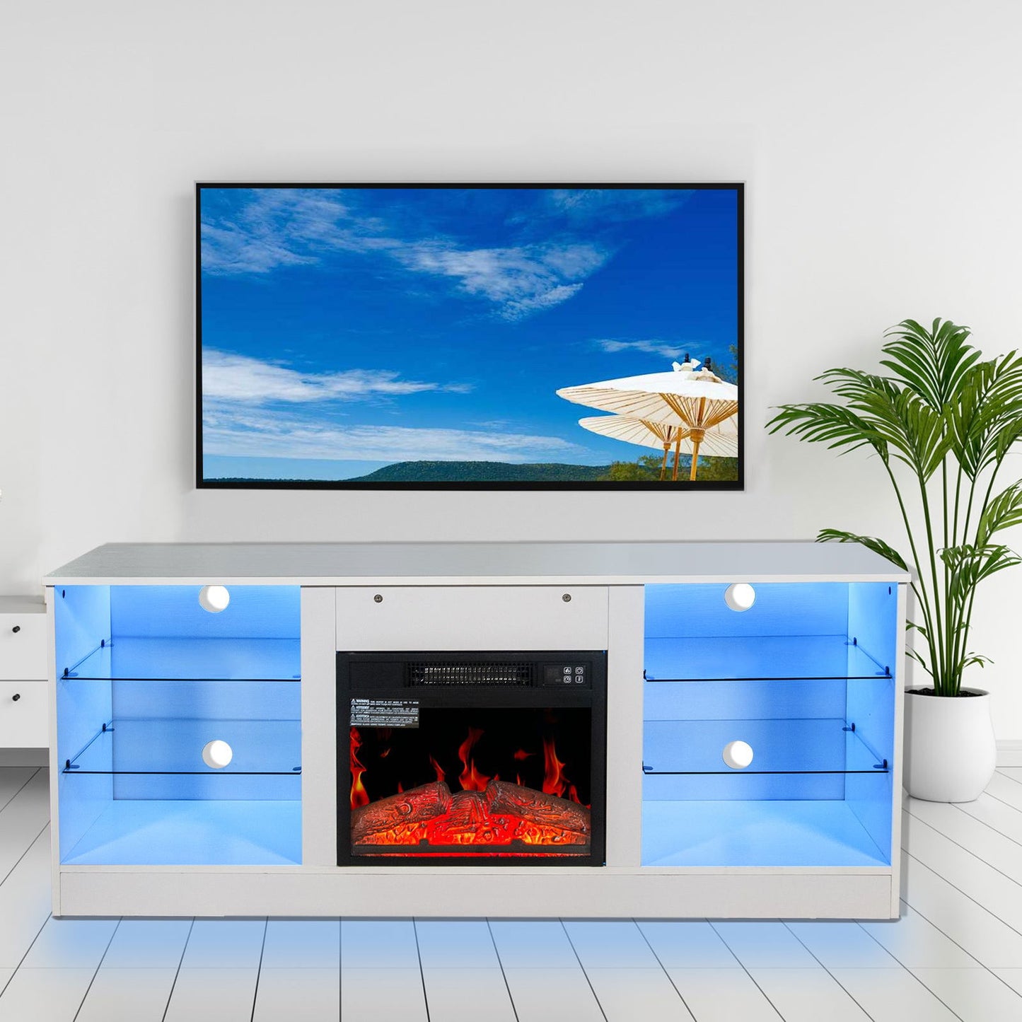 Fireplace TV Stand With 18 Inch Electric Fireplace Heater,Modern Entertainment Center for TVs up to 62 Inch With Adjustable Glass Shelves and Storage Cabinets ( White ) himalipasal