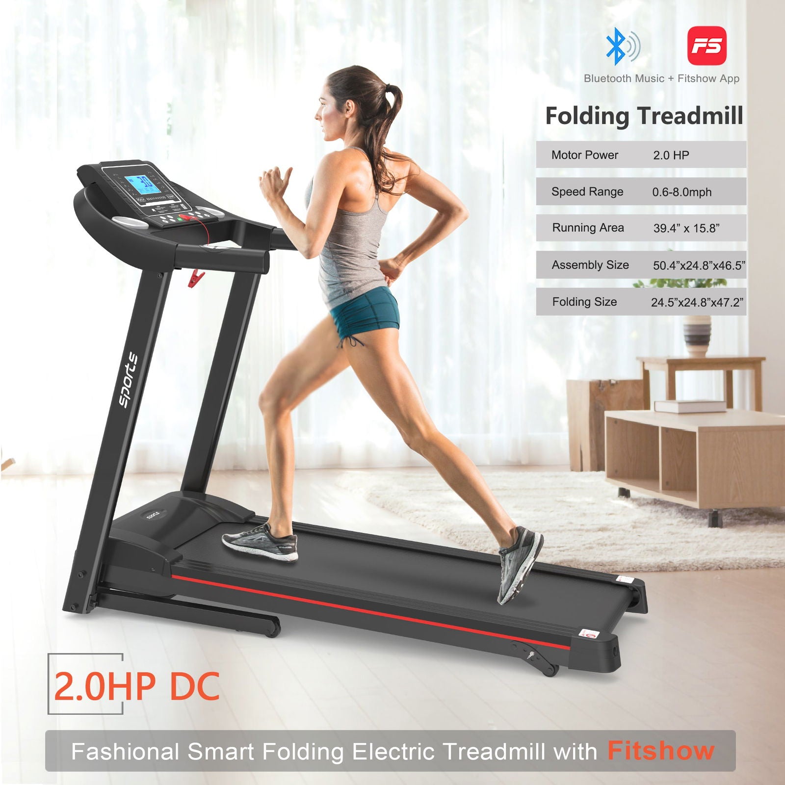 Fitshow App Home Foldable Treadmill with Incline, Folding Treadmill for Home Workout, Electric Walking Running Treadmill Machine 5" LCD Screen 250 LB Capacity Bluetooth Music himalipasal