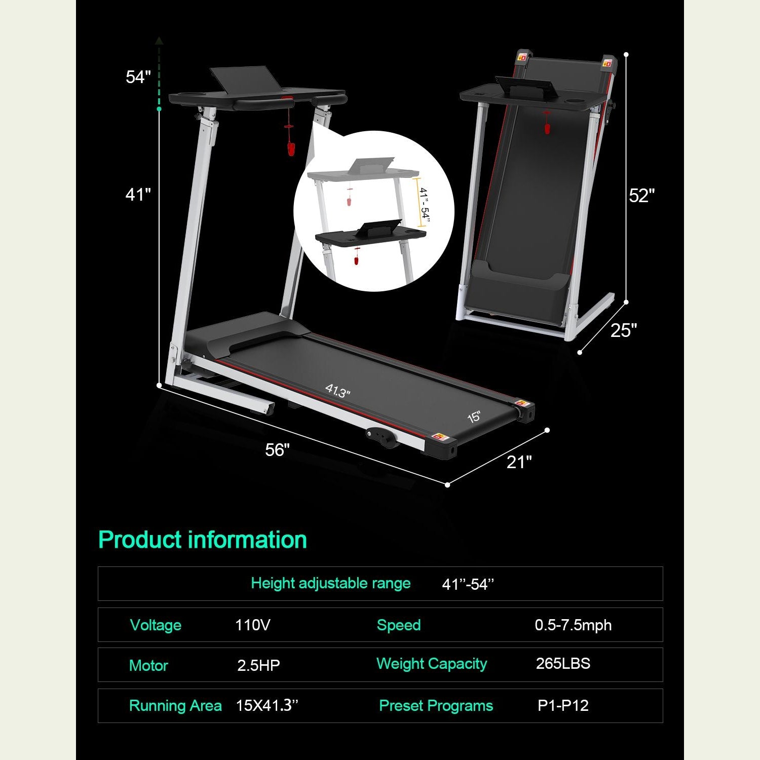 Folding Treadmill for Home - Slim Compact Running Machine Portable Electric Treadmill Foldable Treadmill Workout Exercise for Small Home Apartment Gym himalipasal