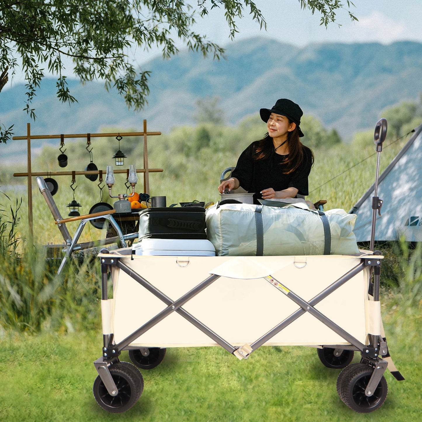 Folding Wagon, Heavy Duty Utility Beach Wagon Cart for Sand with Big Wheels, Adjustable Handle&Drink Holders for Shopping, Camping,Garden and Outdoor himalipasal