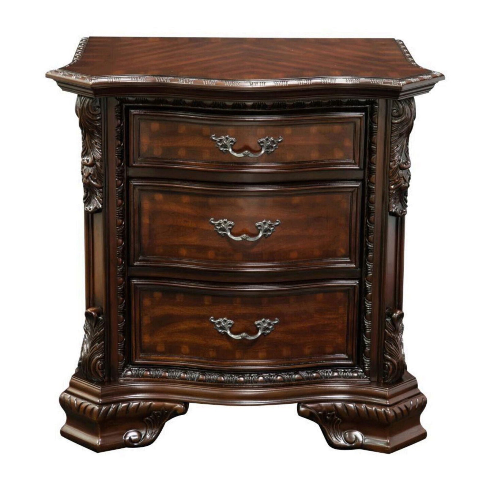 Formal Traditional 1pc Nightstand Only Brown Cherry Solid wood 3-Drawers Intricate Accents Glides Bronze Hanging Pulls Bedroom Furniture himalipasal