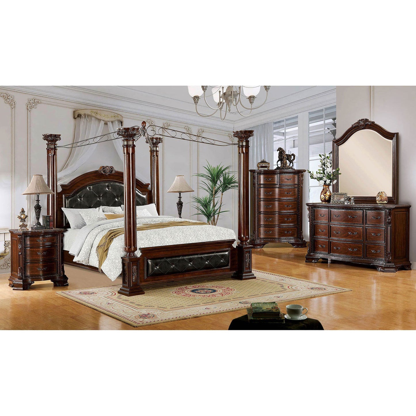 Formal Traditional 1pc Nightstand Only Brown Cherry Solid wood 3-Drawers Intricate Accents Glides Bronze Hanging Pulls Bedroom Furniture himalipasal