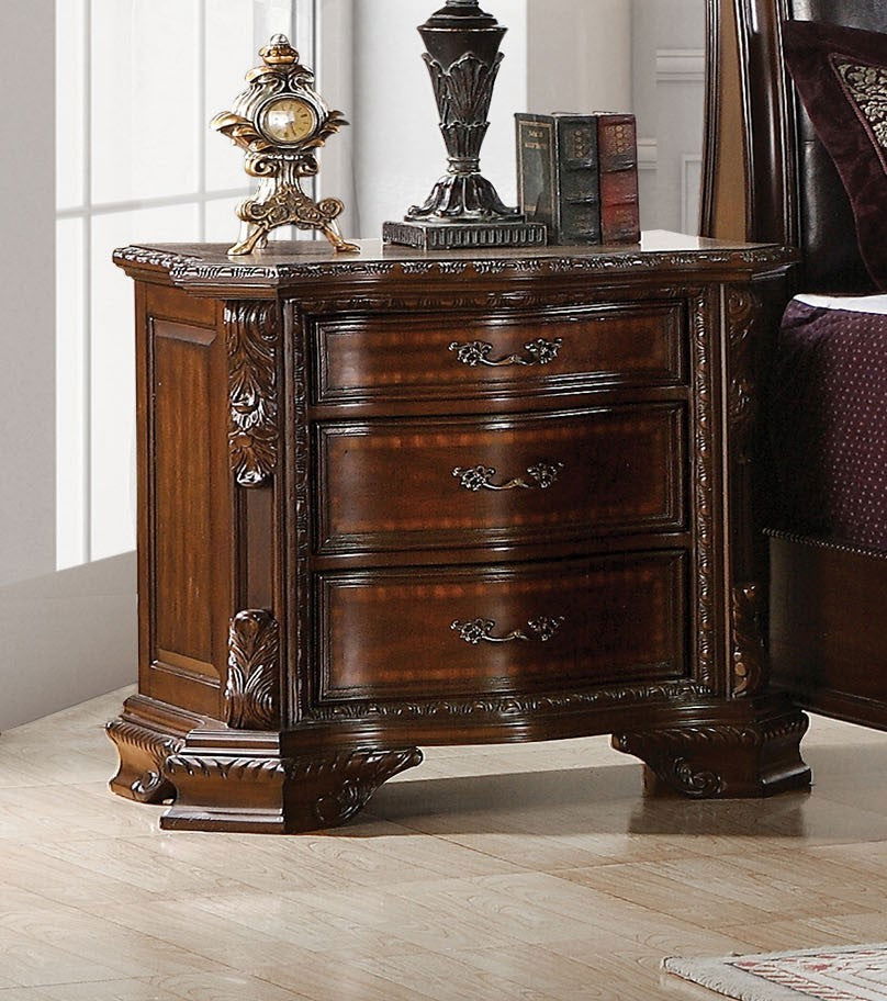 Formal Traditional 1pc Nightstand Only Brown Cherry Solid wood 3-Drawers Intricate Accents Glides Bronze Hanging Pulls Bedroom Furniture himalipasal