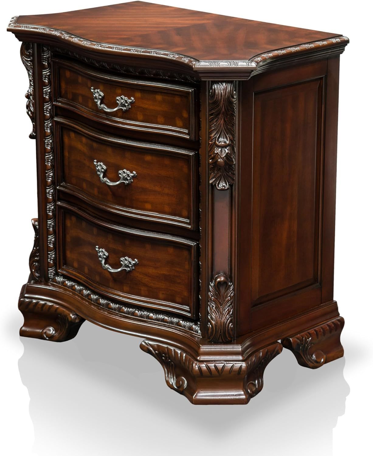 Formal Traditional 1pc Nightstand Only Brown Cherry Solid wood 3-Drawers Intricate Accents Glides Bronze Hanging Pulls Bedroom Furniture himalipasal