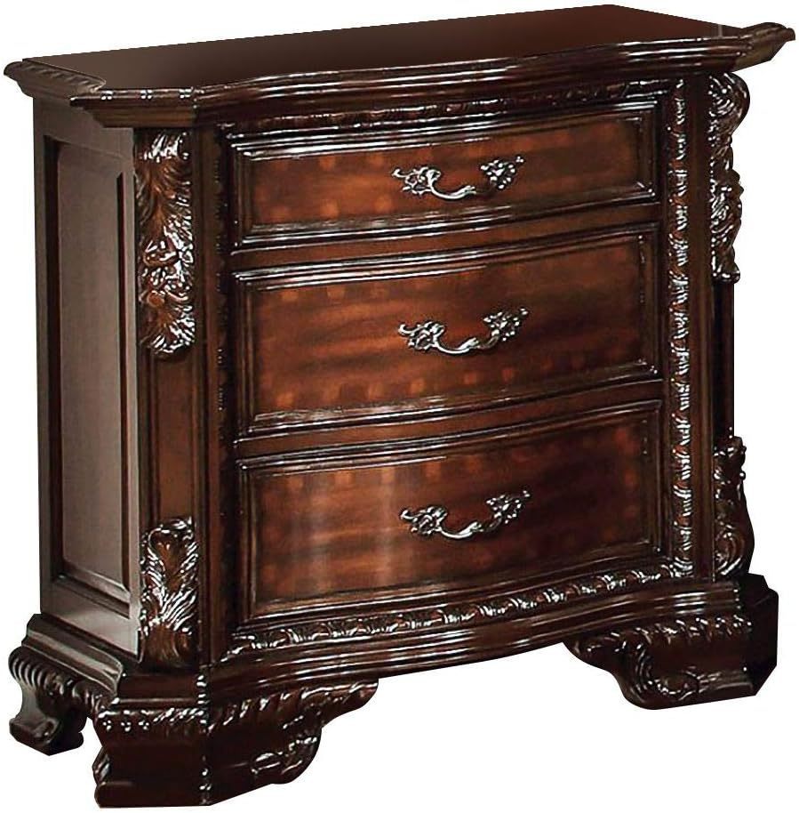 Formal Traditional 1pc Nightstand Only Brown Cherry Solid wood 3-Drawers Intricate Accents Glides Bronze Hanging Pulls Bedroom Furniture himalipasal