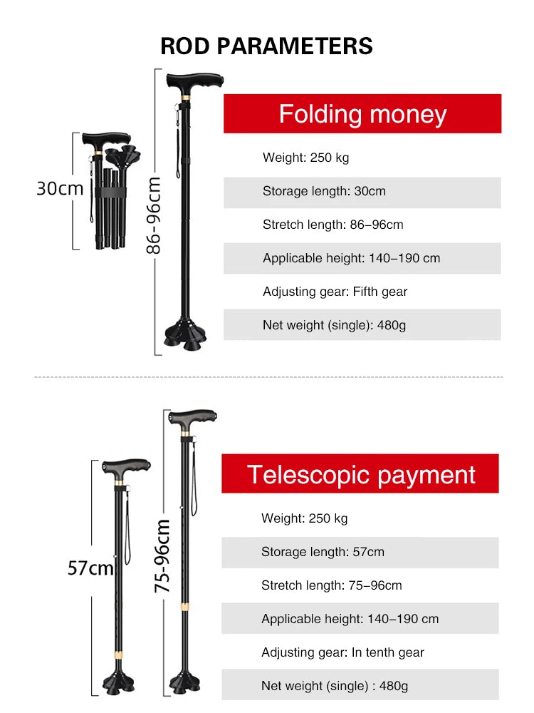 Four-Section Climbing Stick Telescopic Folding Hiking Pole Trekking LED Aluminum Alpenstock Mountaineering Old Man Stick Cane himalipasal