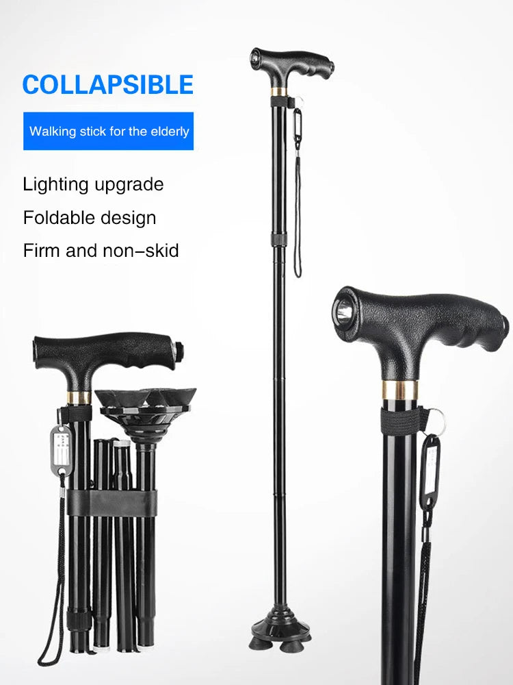 Four-Section Climbing Stick Telescopic Folding Hiking Pole Trekking LED Aluminum Alpenstock Mountaineering Old Man Stick Cane himalipasal