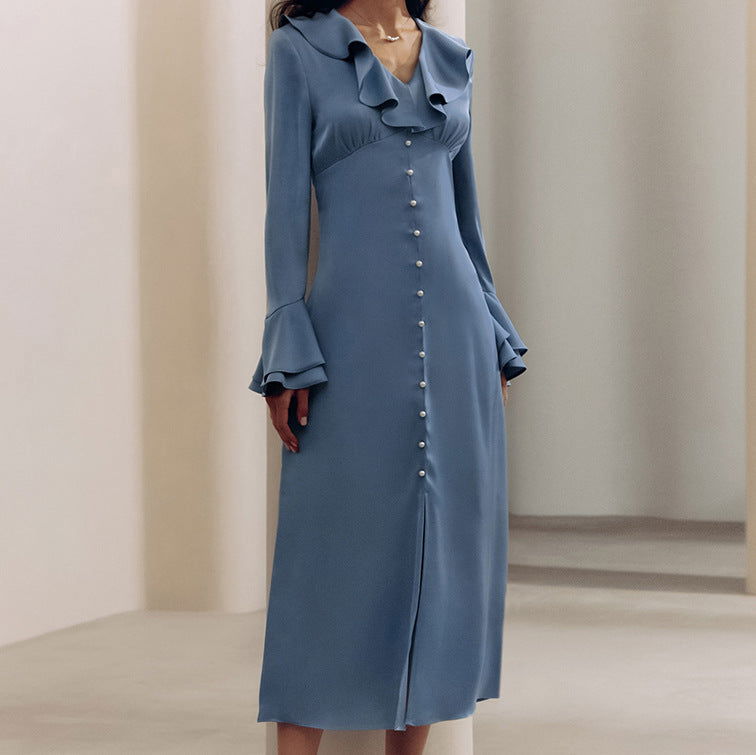 French Imitation Acetate Satin V neck Flared Sleeves High Waist Ruffles Dress Autumn himalipasal