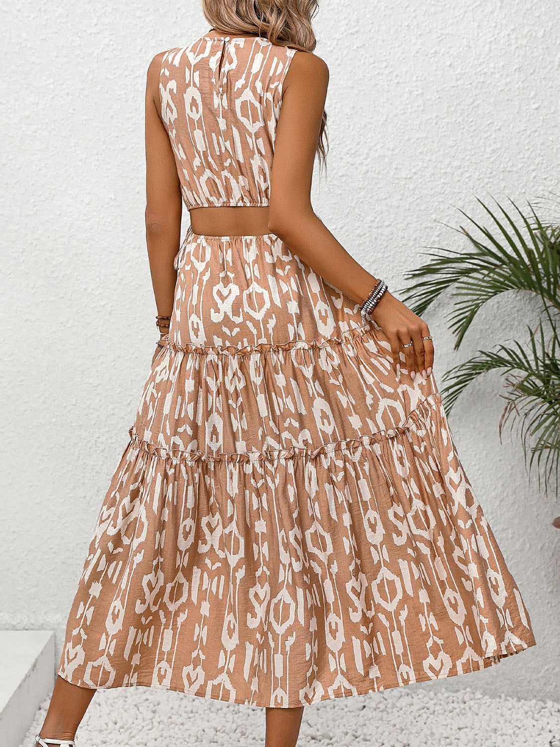 Frill Cutout Printed Round Neck Sleeveless Dress himalipasal