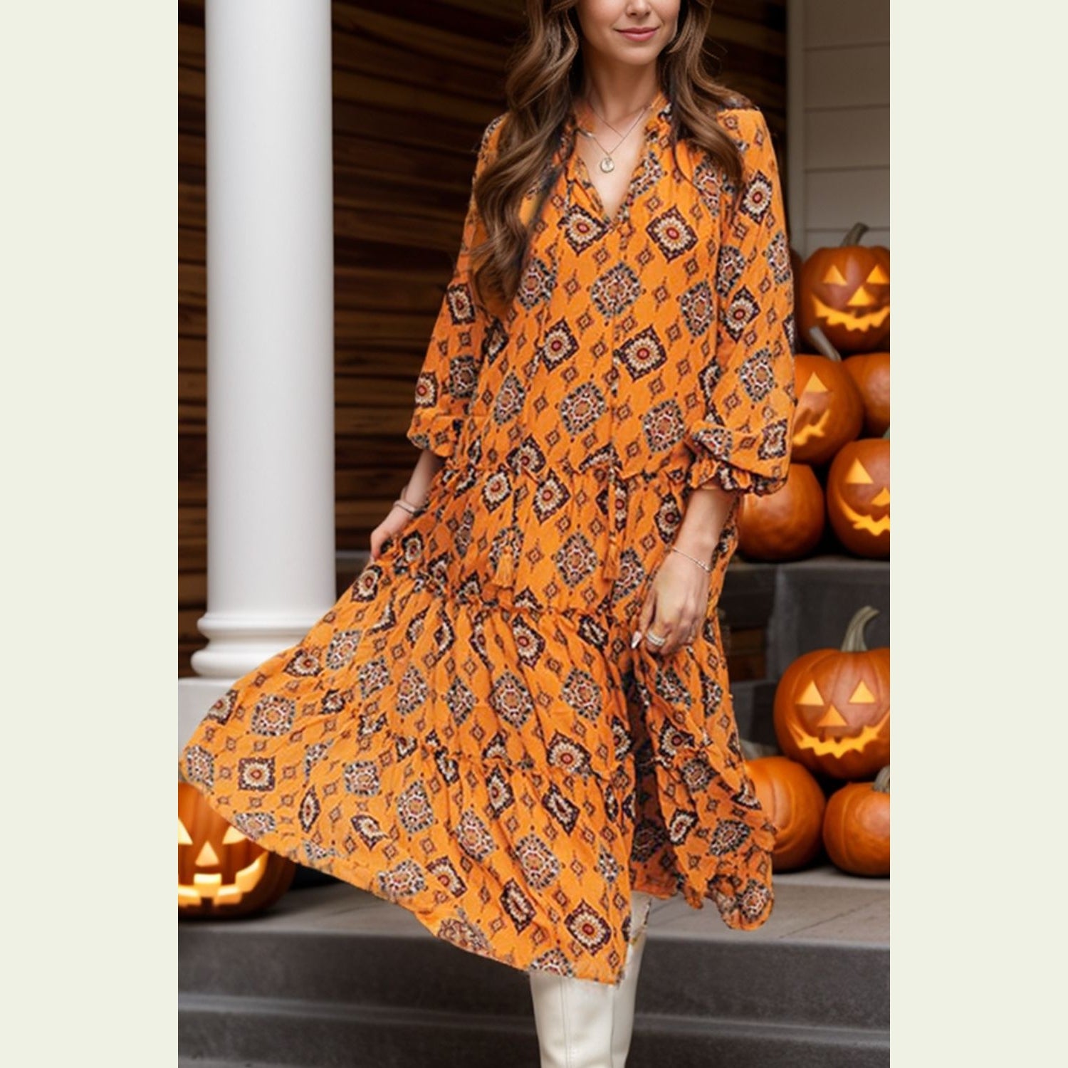 Frill Printed Tie Neck Long Sleeve Dress himalipasal