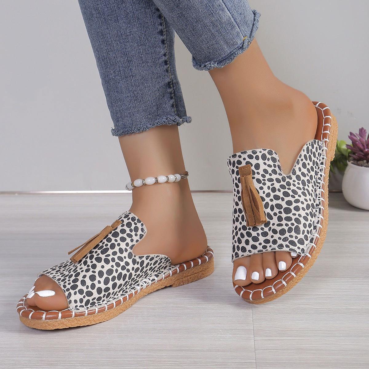 Fringe Leopard Open Toe Sandals himalipasal