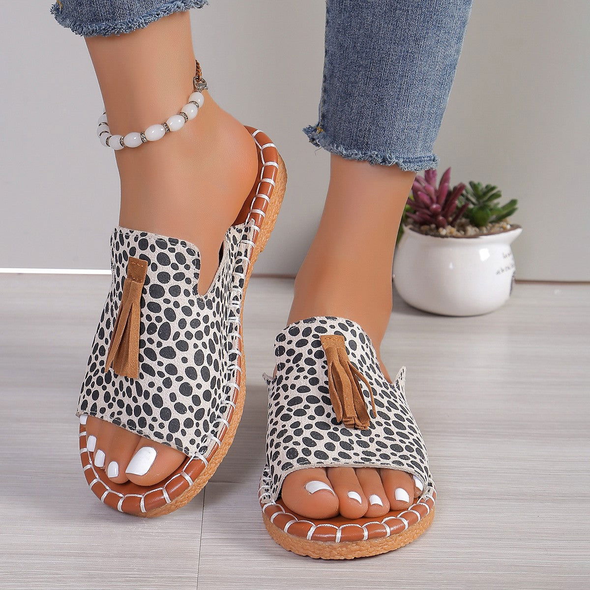 Fringe Leopard Open Toe Sandals himalipasal