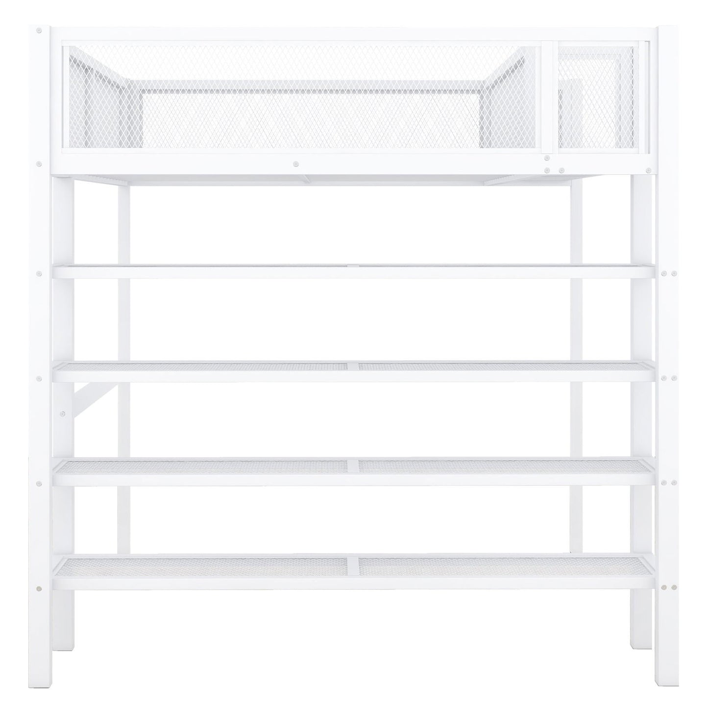 Full Size Metal Loft Bed with 4-Tier Shelves and Storage, White himalipasal