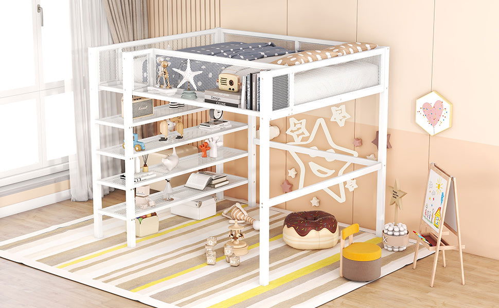 Full Size Metal Loft Bed with 4-Tier Shelves and Storage, White himalipasal