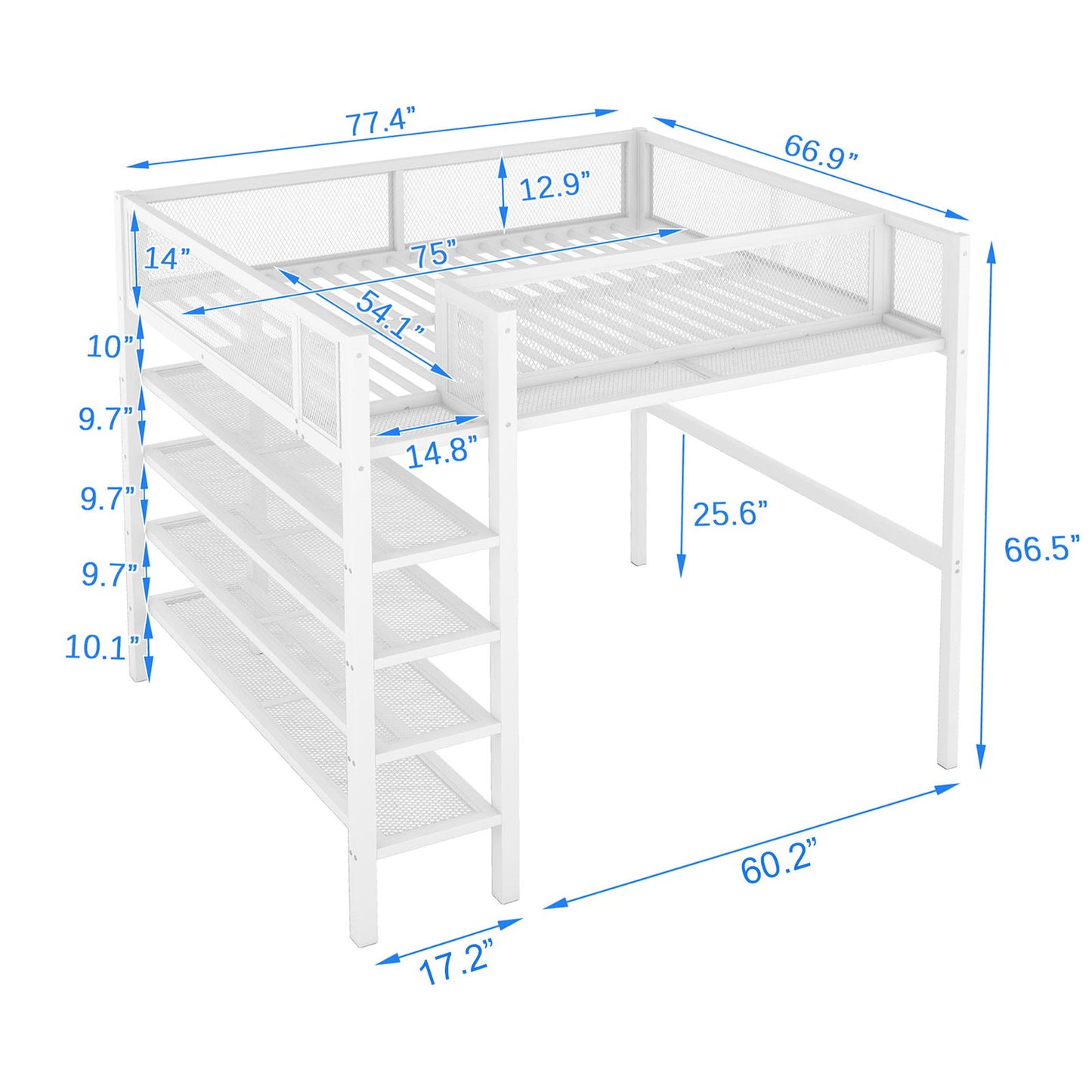 Full Size Metal Loft Bed with 4-Tier Shelves and Storage, White himalipasal