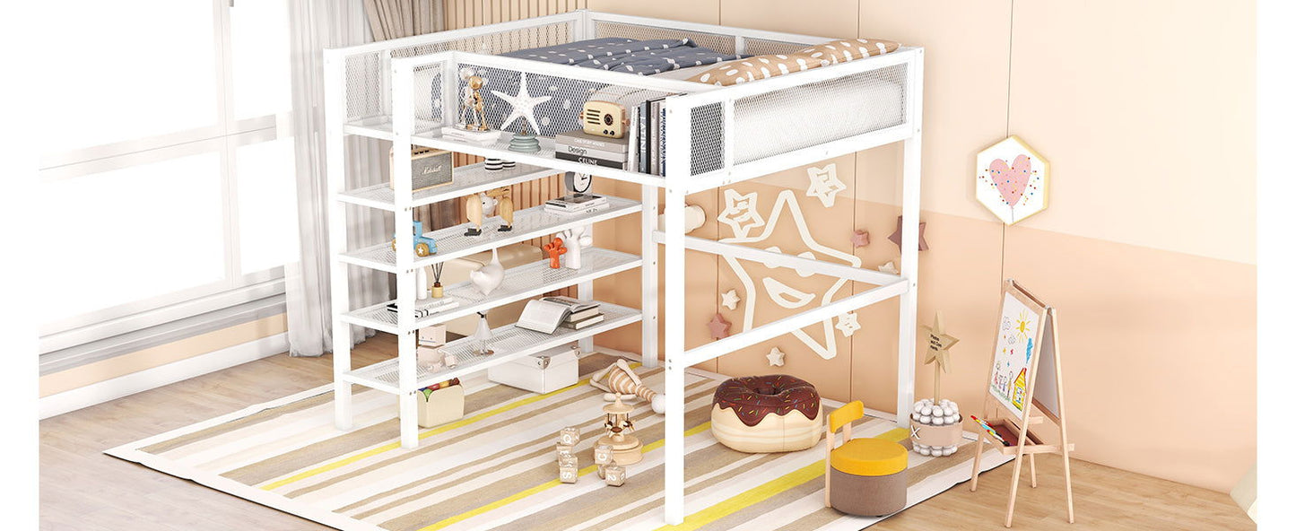 Full Size Metal Loft Bed with 4-Tier Shelves and Storage, White himalipasal