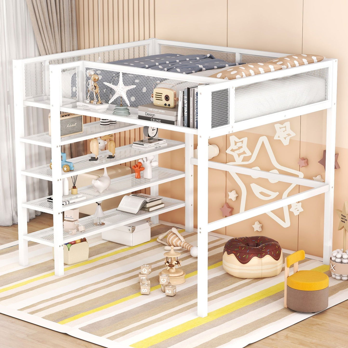 Full Size Metal Loft Bed with 4-Tier Shelves and Storage, White himalipasal