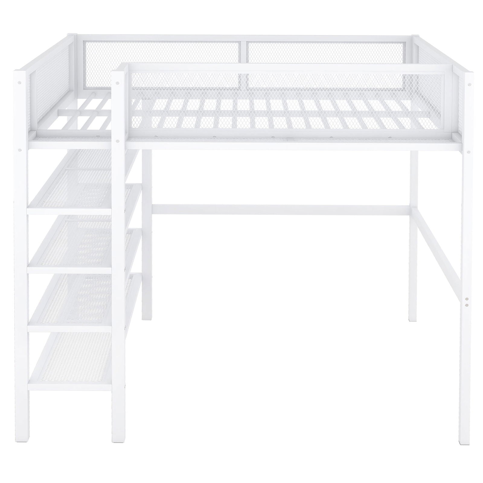 Full Size Metal Loft Bed with 4-Tier Shelves and Storage, White himalipasal