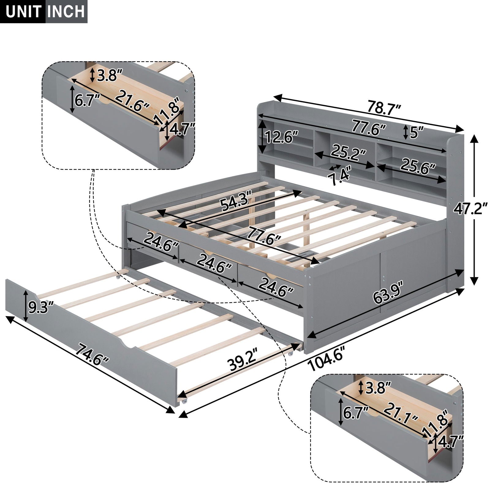 Full Size Wooden Captain Bed with Built-in Bookshelves,Three Storage Drawers and Trundle,Light Grey himalipasal