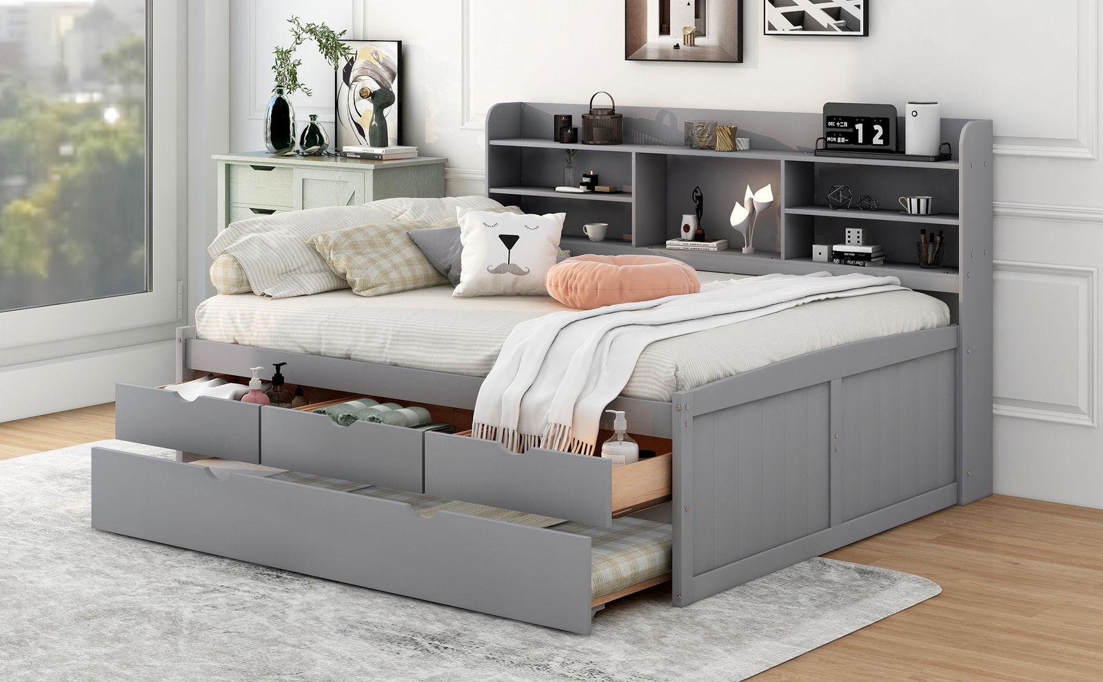 Full Size Wooden Captain Bed with Built-in Bookshelves,Three Storage Drawers and Trundle,Light Grey himalipasal