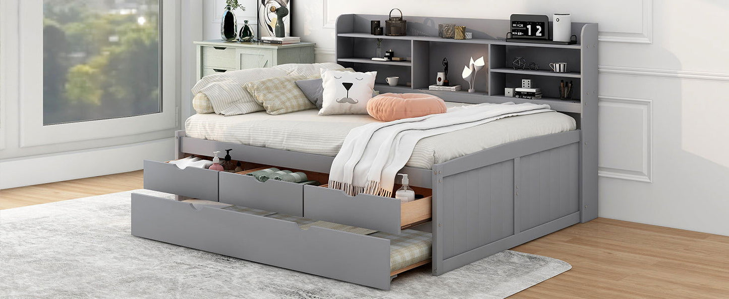 Full Size Wooden Captain Bed with Built-in Bookshelves,Three Storage Drawers and Trundle,Light Grey himalipasal