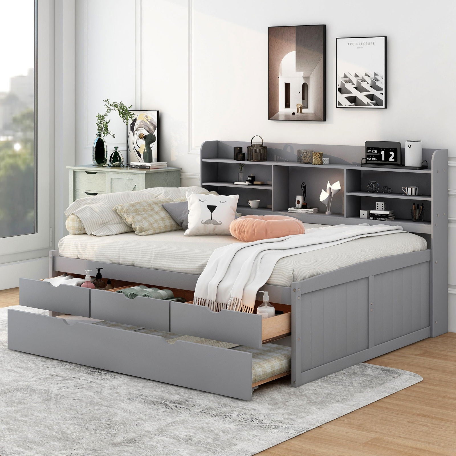 Full Size Wooden Captain Bed with Built-in Bookshelves,Three Storage Drawers and Trundle,Light Grey himalipasal