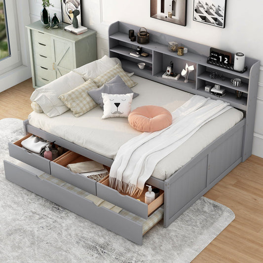 Full Size Wooden Captain Bed with Built-in Bookshelves,Three Storage Drawers and Trundle,Light Grey himalipasal