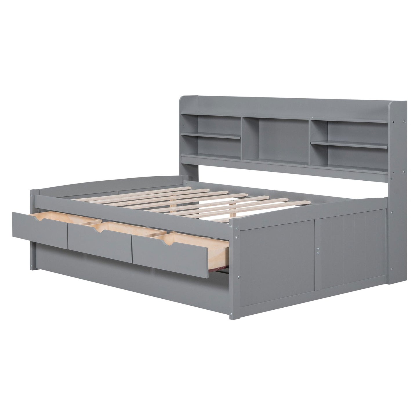 Full Size Wooden Captain Bed with Built-in Bookshelves,Three Storage Drawers and Trundle,Light Grey himalipasal